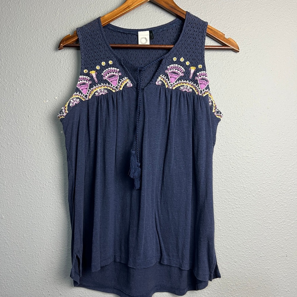 Anthropologie Akemi + Kin Embroidered Crochet Trim Tassel Tank XS‎ Boho Peasant